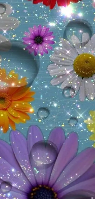 Beautiful floral wallpaper with sparkling effect and colorful daisies.