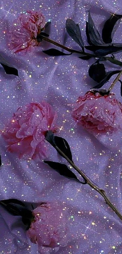 Sparkling pink flowers on a lavender background creating a magical aesthetic.