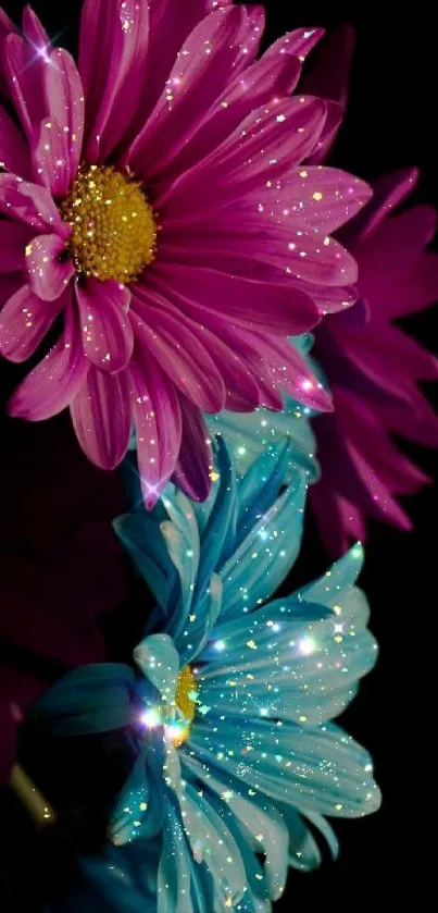 Sparkling pink and blue flowers on a dark background.