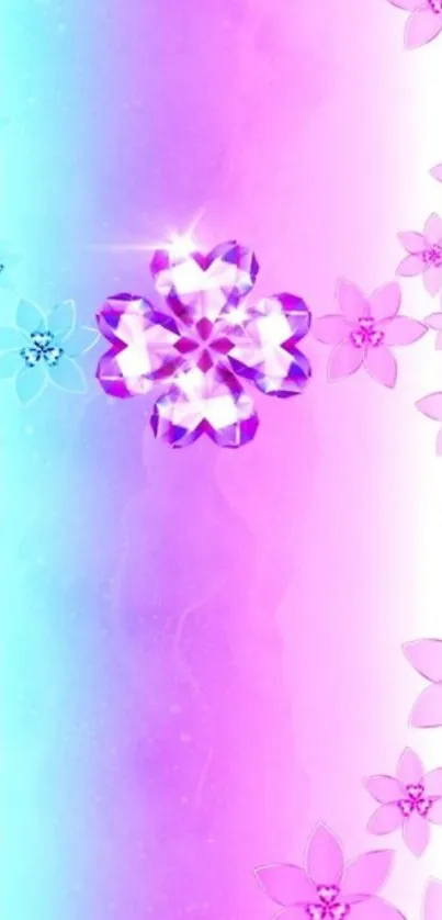 Sparkling floral gradient wallpaper with pink and blue hues.