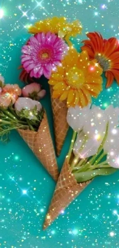 Wallpaper with flowers in ice cream cones on a sparkling turquoise background.