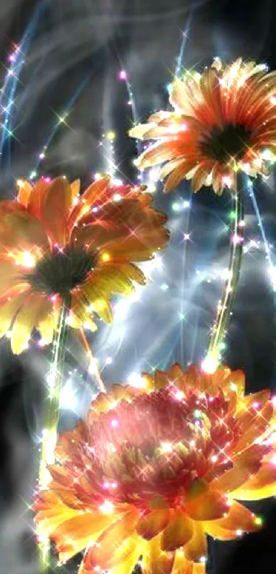 Sparkling orange flowers with glowing light on a black background.