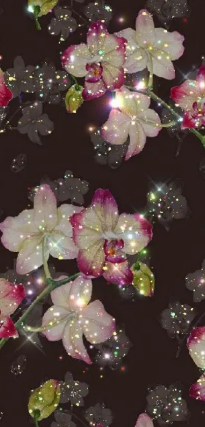 Sparkling orchid flowers on a dark background with glitter accents.