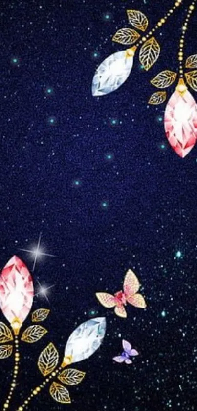 Sparkling floral wallpaper with butterflies and diamonds.