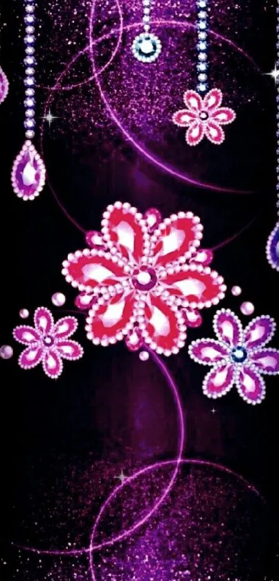 Mobile wallpaper with sparkling pink flowers and jewel accents on a purple background.