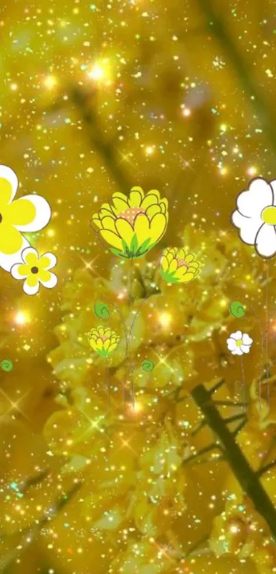 Yellow floral wallpaper with sparkling flowers, vibrant and cheerful.