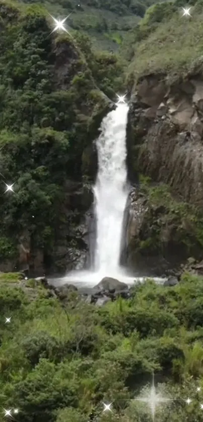 Sparkling waterfall amidst lush green forest landscape.