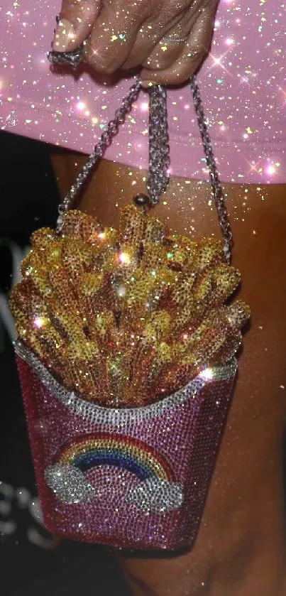 Sparkling fries handbag with rainbow decoration on a glittery pink background.