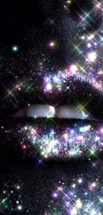 Mobile wallpaper featuring a face with sparkling stars and glitter on a black background.