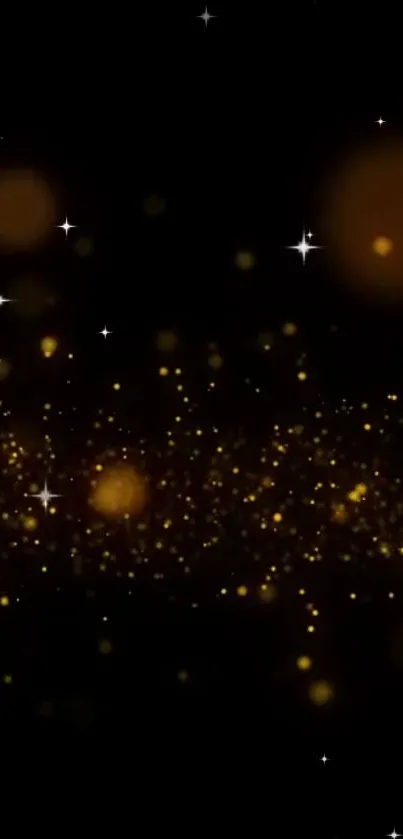 Abstract galaxy wallpaper with golden sparkles on a black background.