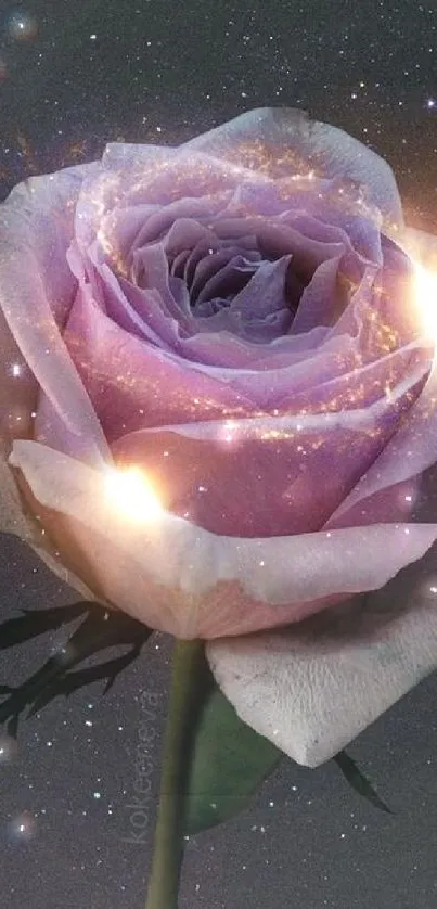 Purple rose with sparkling galaxy lights in a dark cosmic background.