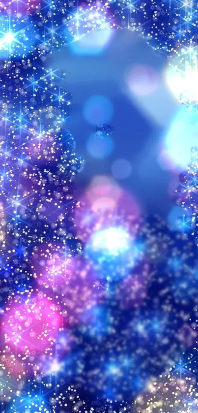 Blue and violet galaxy wallpaper with shimmering stars and bokeh effects.