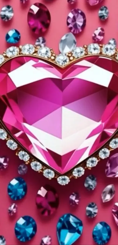 A sparkling pink gem heart surrounded by colorful jewels on a wallpaper.