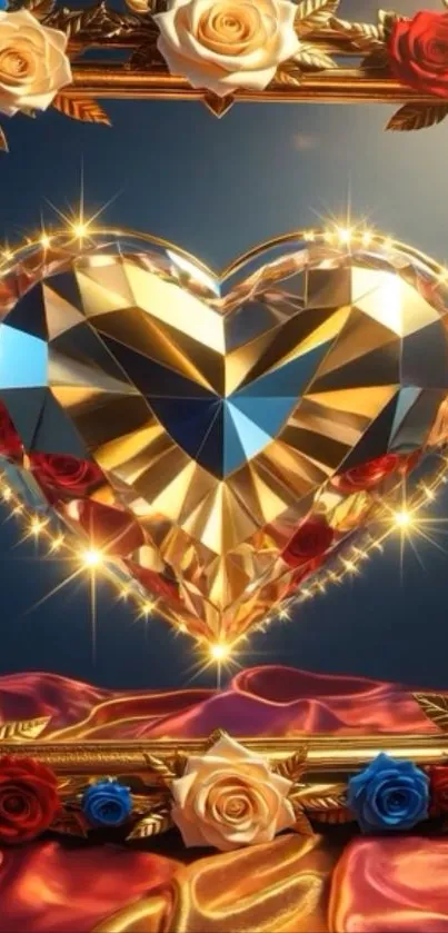 A golden gem heart surrounded by flowers with a sparkling effect.