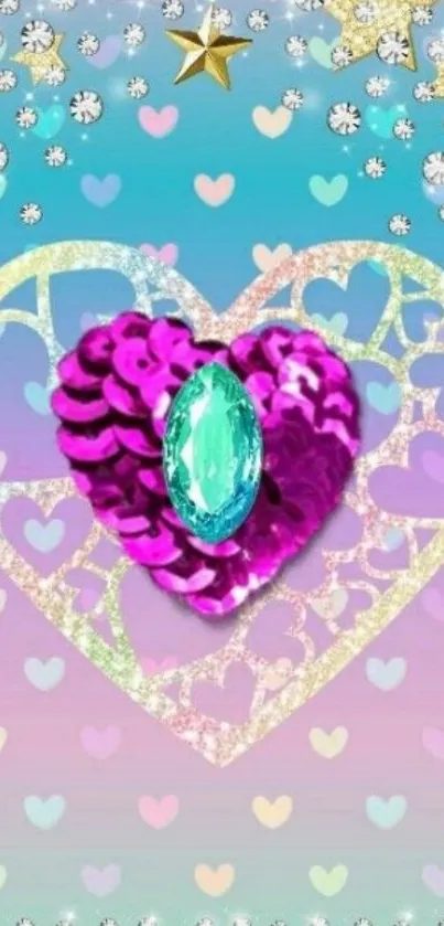 Colorful sparkling gem heart wallpaper with turquoise background.