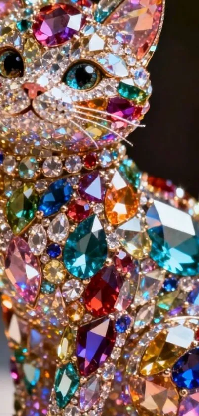 Colorful cat adorned with shimmering gemstones in artistic style.