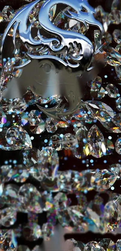 Metallic dragon surrounded by sparkling gemstones on a dark background.