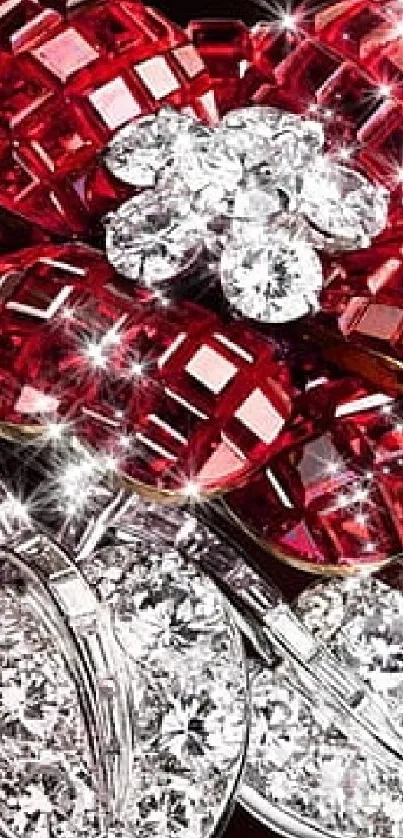 Sparkling red and silver gemstone flower design wallpaper.