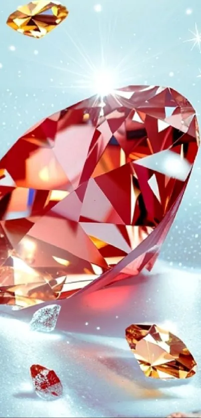Red gemstone on a light blue background with sparkles.