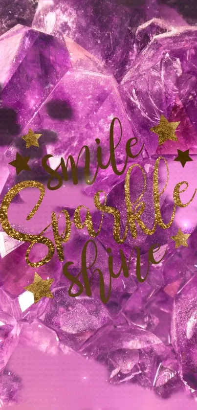 Purple gemstone wallpaper with 'Smile Sparkle Shine' text and golden stars.