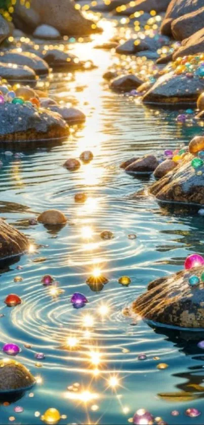Sunlit stream with colorful gemstones sparkling in water.