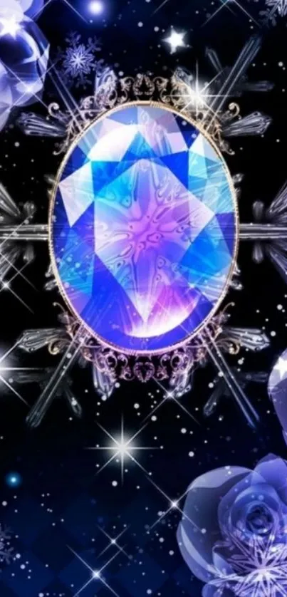 Sparkling blue gemstone with stars on a mobile wallpaper.