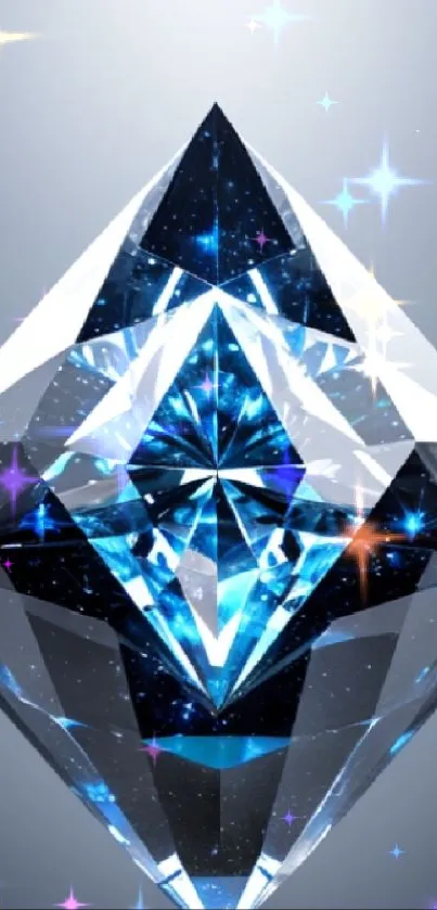 Dazzling geometric diamond with blue sparkle on wallpaper.