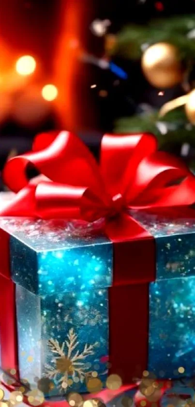 Elegant holiday gift box with ribbon under a decorated Christmas tree.