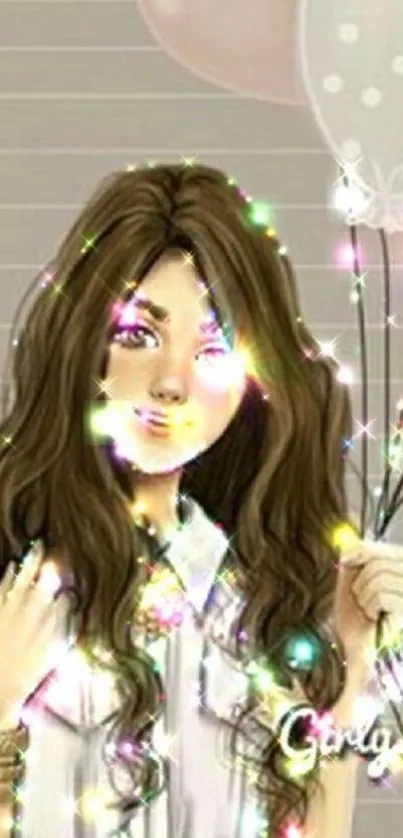 Illustration of a girl with balloons and sparkling effects on a pale background.