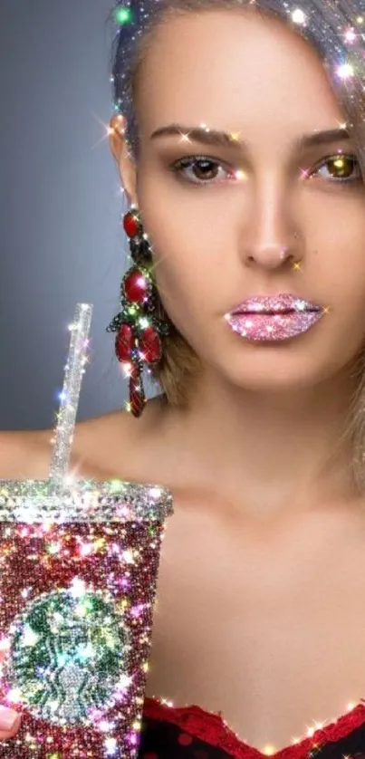 Sparkling woman holding a rhinestone cup.