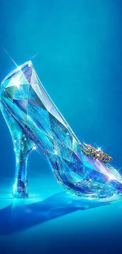 Glass slipper on vibrant blue background, sparkling elegantly.