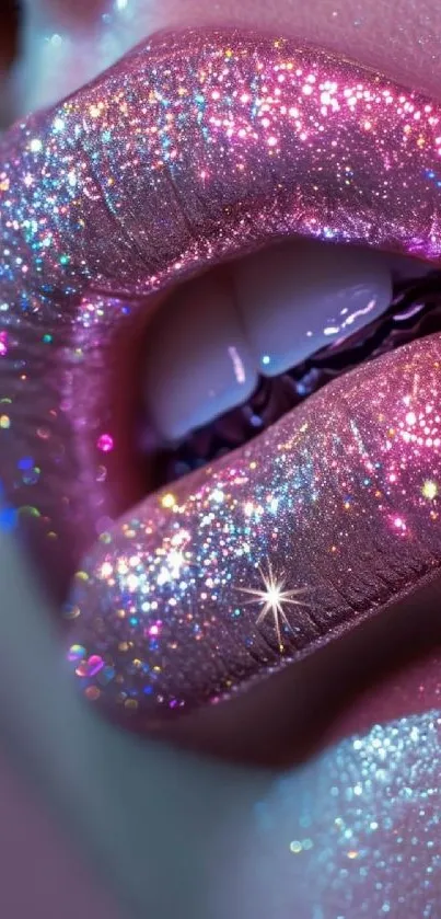 Close-up of sparkling glitter lips with vibrant colors.