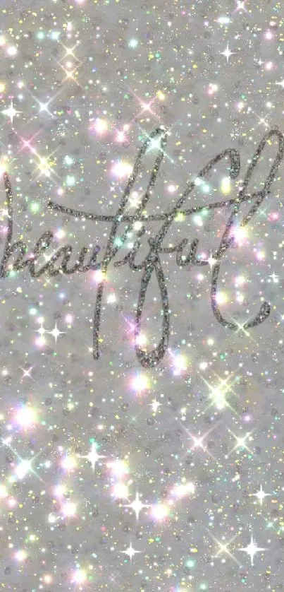 Glittery wallpaper with 'beautiful' text and stars.