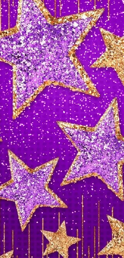 Purple and gold glitter star wallpaper with sparkling details.