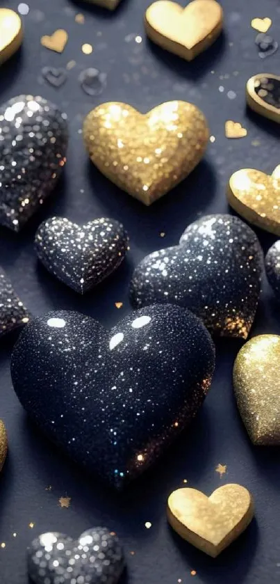 Glittering gold and black heart wallpaper design.