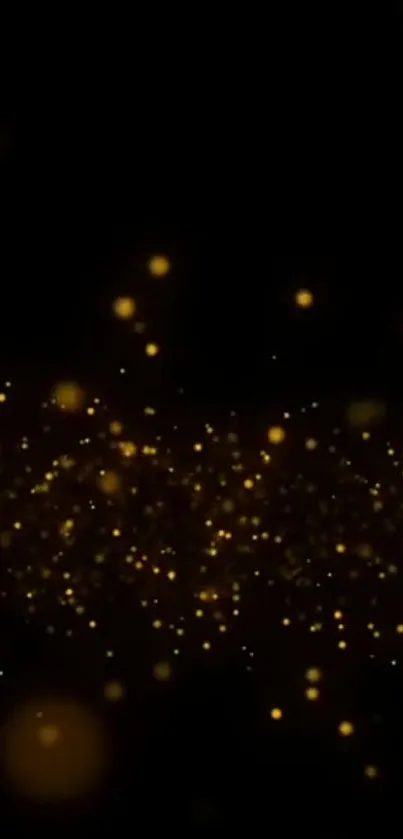 Mobile wallpaper with sparkling gold particles on a dark background.