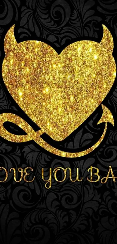 Glittering gold heart with text 'Love You Baby' on a dark background.