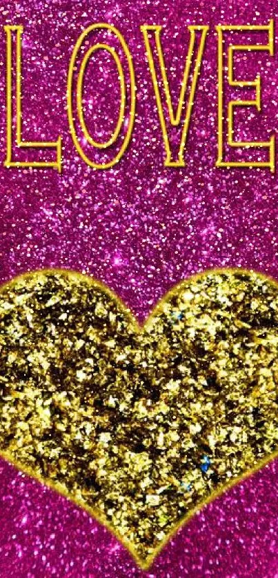 Sparkling gold heart on glittery pink background with 'Love' text.