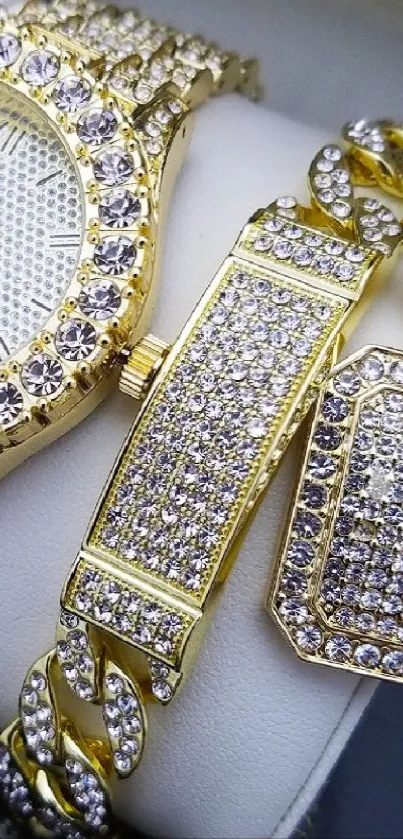 Gold watch, bracelet, and pendant with diamonds.