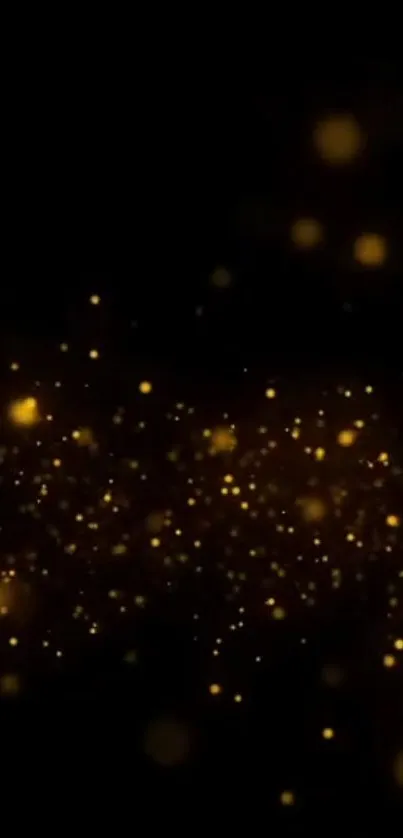 Mobile wallpaper with sparkling golden particles on a dark background.