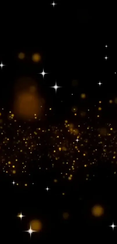 Golden stars and sparkles on a black background create a luxurious night scene.