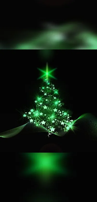 Vibrant green Christmas tree with stars on a dark background.