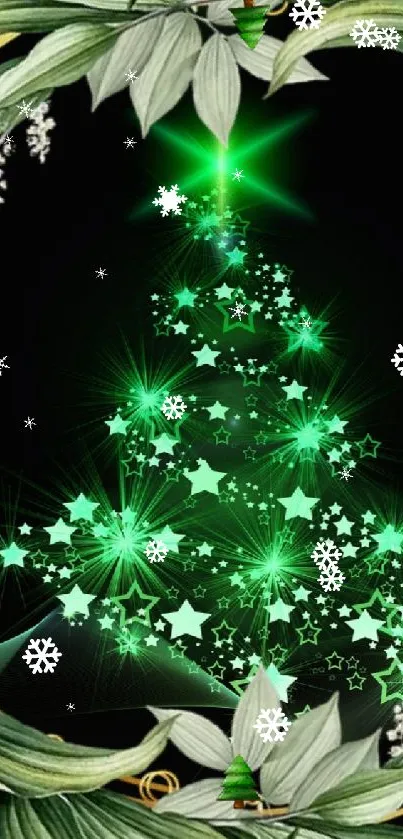 Green Christmas tree with sparkling stars and decorative leaves.