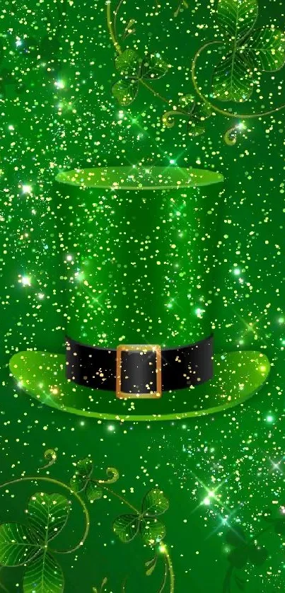 Green hat and clovers on a sparkling wallpaper background.