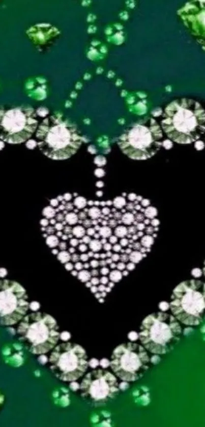 Green heart wallpaper with sparkling crystals.