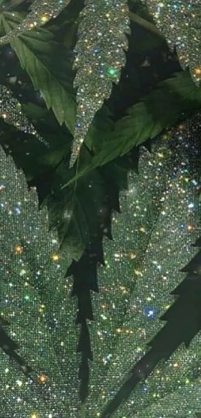 Sparkling leaves with glitter on a green background.