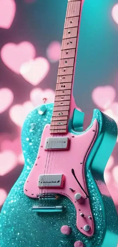 Sparkling guitar with bokeh hearts background