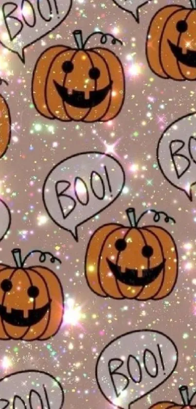 Cute Halloween phone wallpaper with smiling pumpkins and sparkles.