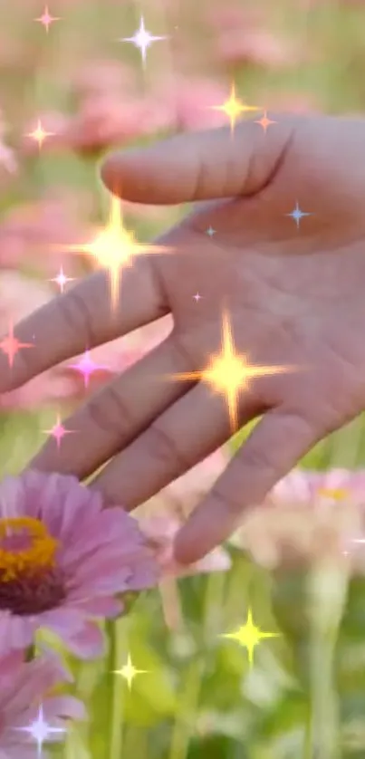 Hand over flowers with sparkling stars in a pink floral field.