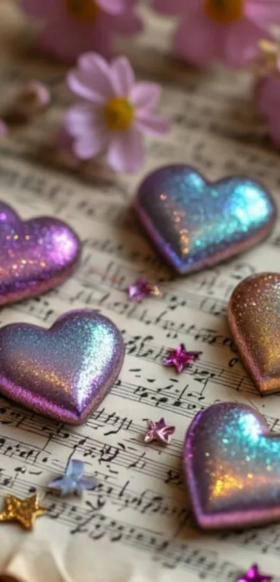 Glittery hearts and flowers on sheet music background.